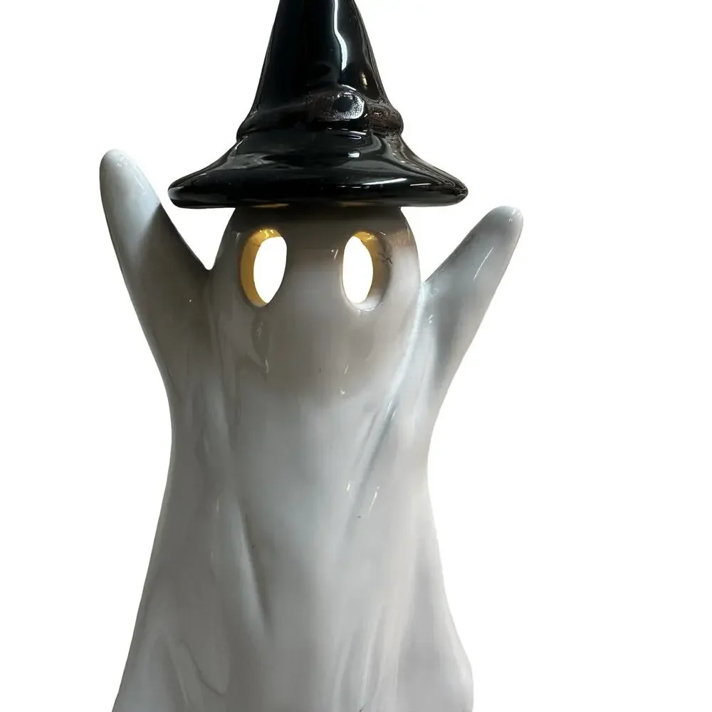Set of 3 Halloween Ceramic Ghost Witch Hat Light Up Glowing Eyes Figurines